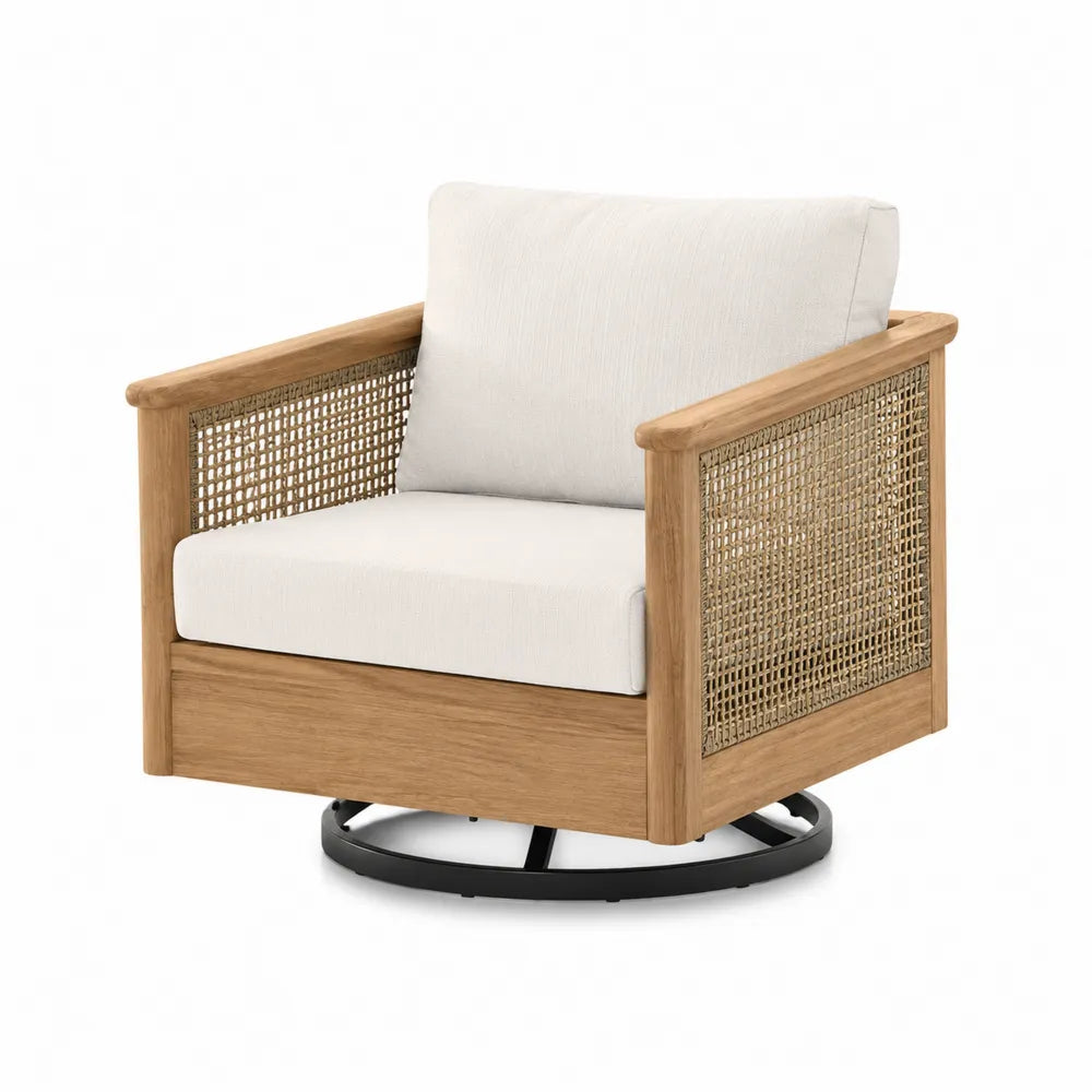 Poltrona da esterno girevole in legno di acacia con intreccio in rattan PE e cuscini beige base in acciaio nero 75 x 80 x 90 cm