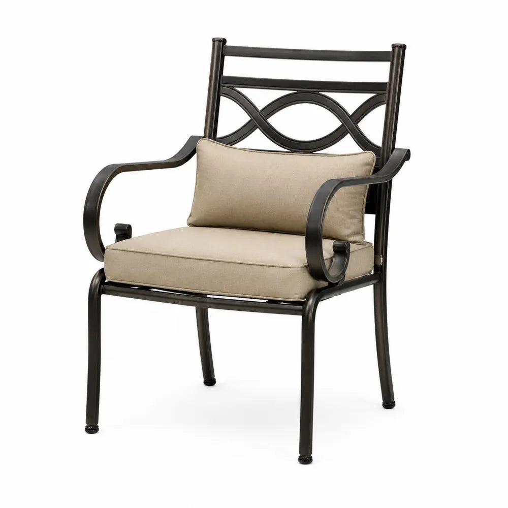 Sedia da esterno con braccioli in alluminio verniciato nero con cuscini in poliestere beige e schienale in metallo 60 x 65 x 85 cm