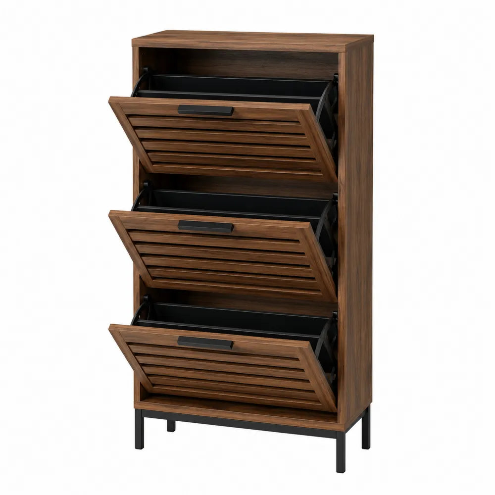 Scarpiera rettangolare a ribalta in MDF effetto noce con 3 scomparti e base in acciaio nero 60 x 24 x 120 cm