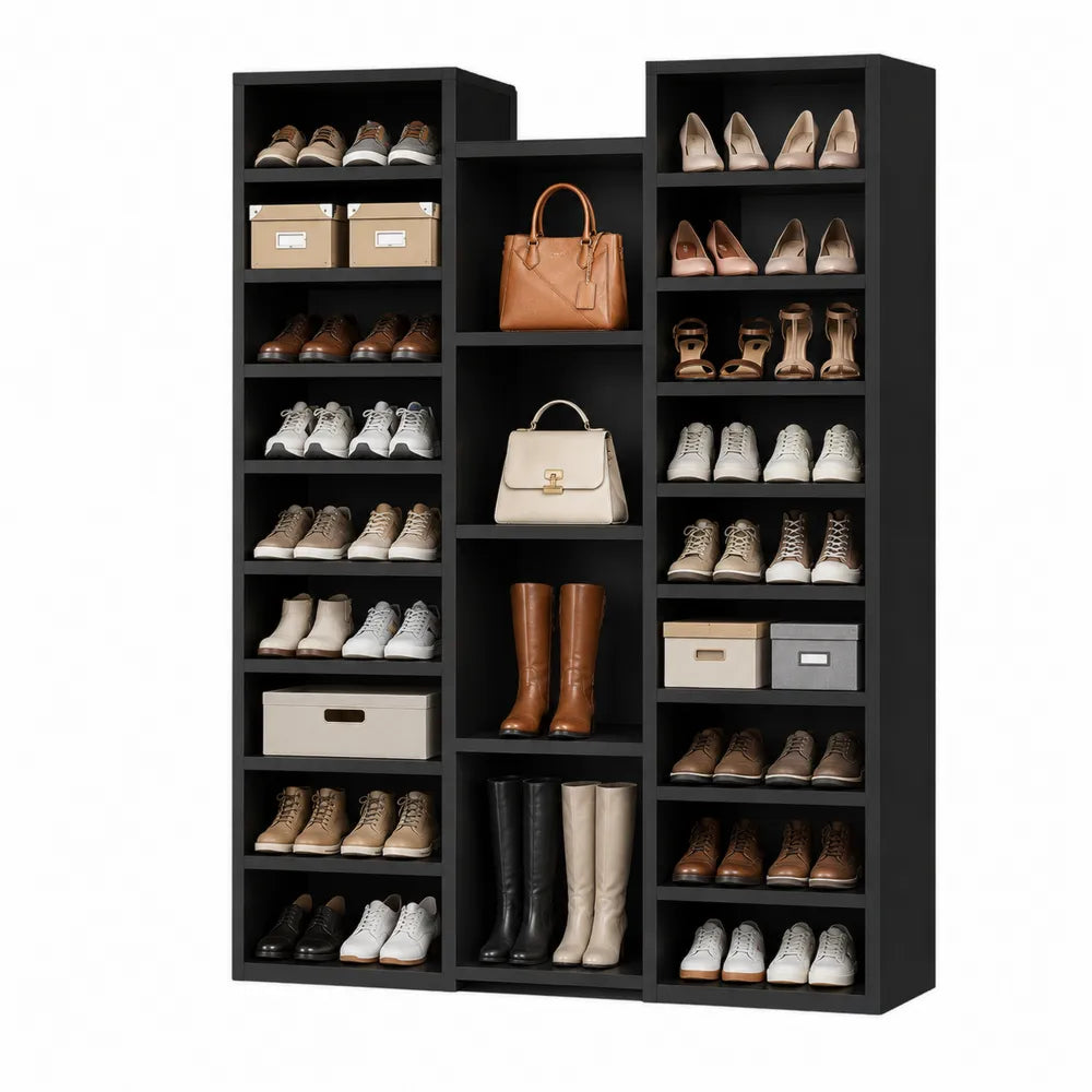 Scarpiera aperta rettangolare a 3 colonne in MDF nero con ripiani multipli 120 x 30 x 180 cm