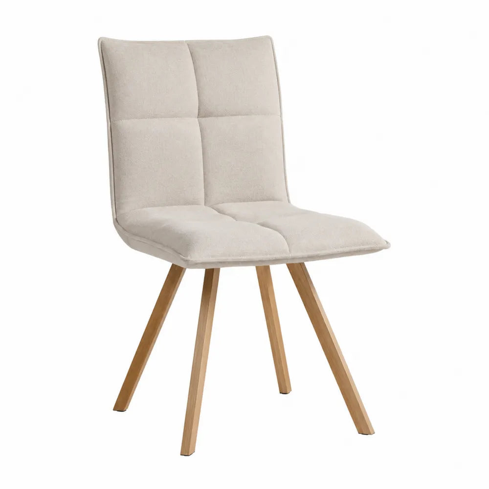 Set 2 sedie da pranzo imbottite in tessuto poliestere beige con schienale trapuntato e gambe in legno massello naturale 45x55x85 cm