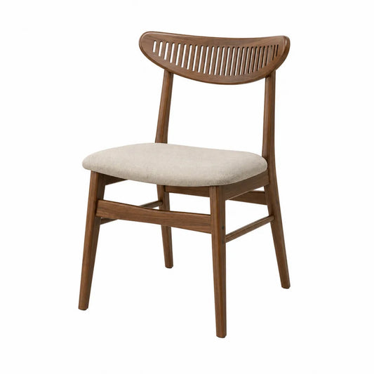 Sedia da pranzo in compensato curvato e legno massello effetto noce con seduta imbottita beige schienale a doghe 50x55x88 cm