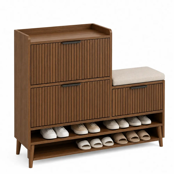Mobile scarpiera rettangolare in MDF effetto noce con seduta imbottita e ripiani aperti marrone beige nero 120 x 35 x 105 cm