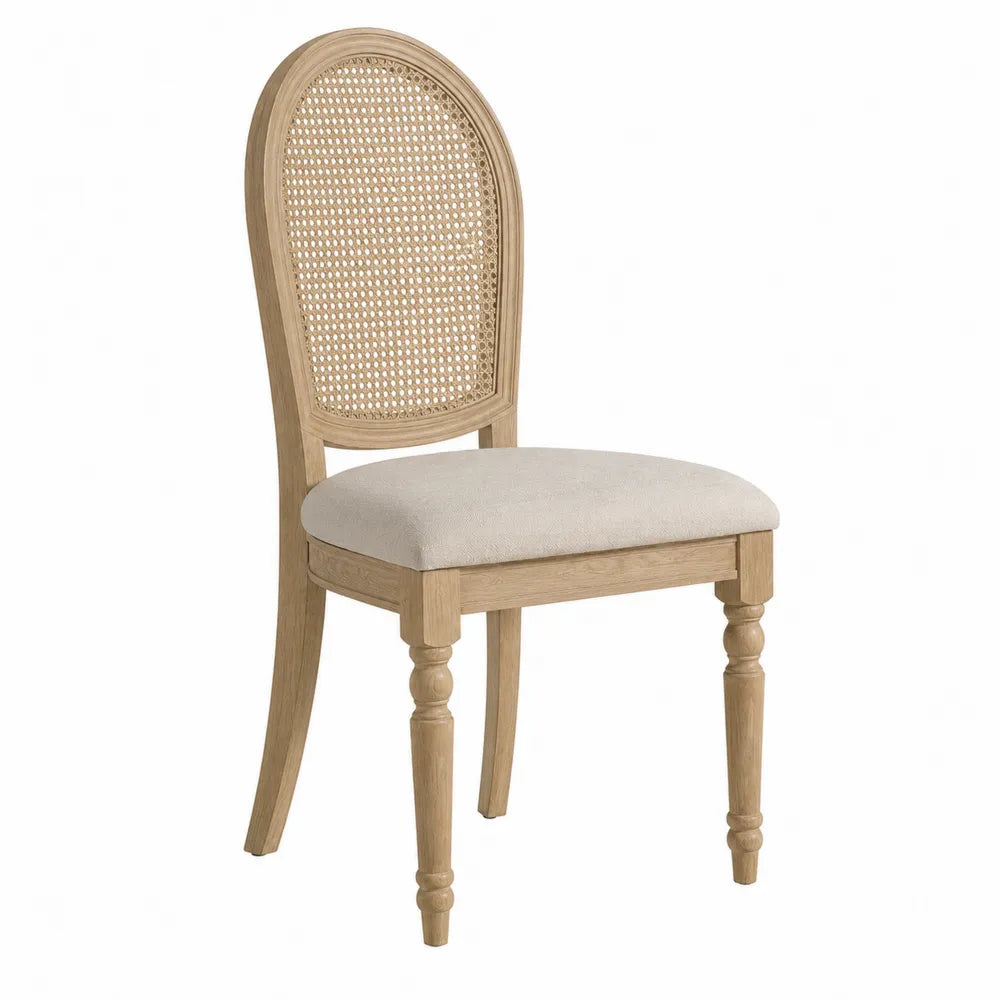 Sedia da pranzo in legno massello effetto rovere naturale con schienale ad arco in rattan intrecciato e seduta imbottita beige 50x55x85 cm