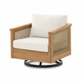 Poltrona da esterno girevole in legno di acacia con intreccio in rattan PE e cuscini beige base in acciaio nero 75 x 80 x 90 cm