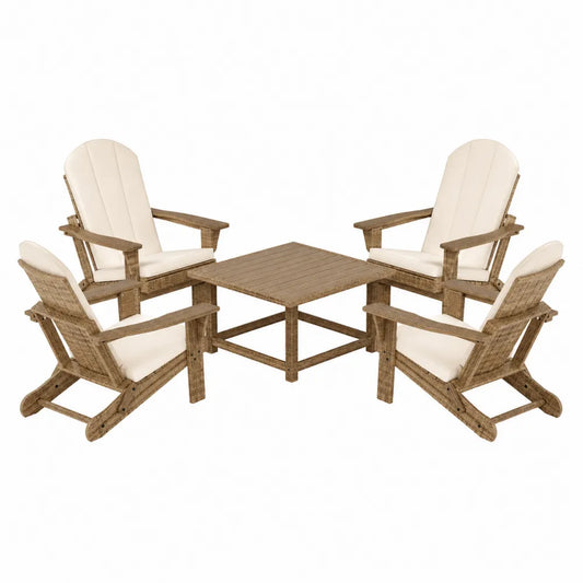 Set da esterno Adirondack 5 pezzi in legno di acacia marrone con 4 sedie con cuscini beige e tavolo quadrato