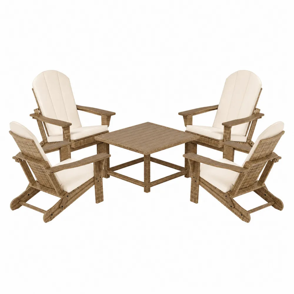 Set da esterno Adirondack 5 pezzi in legno di acacia marrone con 4 sedie con cuscini beige e tavolo quadrato