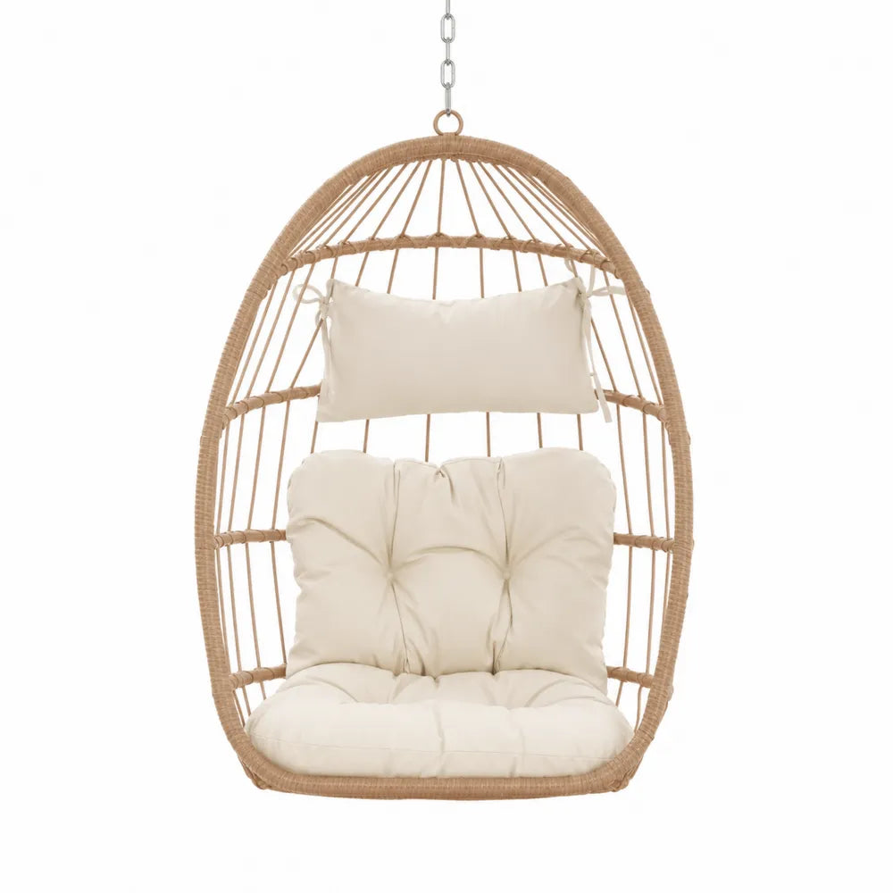Sedia sospesa a uovo da esterno in rattan PE naturale con cuscini beige e catena in acciaio 70 x 95 x 120 cm