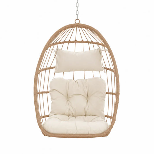 Sedia sospesa a uovo da esterno in rattan PE naturale con cuscini beige e catena in acciaio 70 x 95 x 120 cm