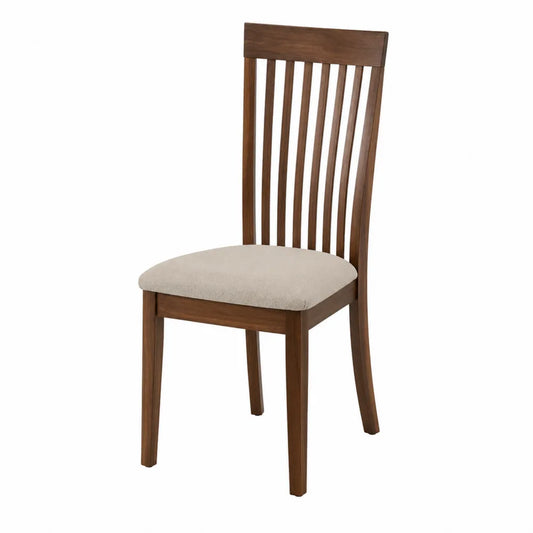 Sedia da pranzo in legno massello colore noce con schienale a doghe verticali e seduta imbottita beige 48x52x88 cm