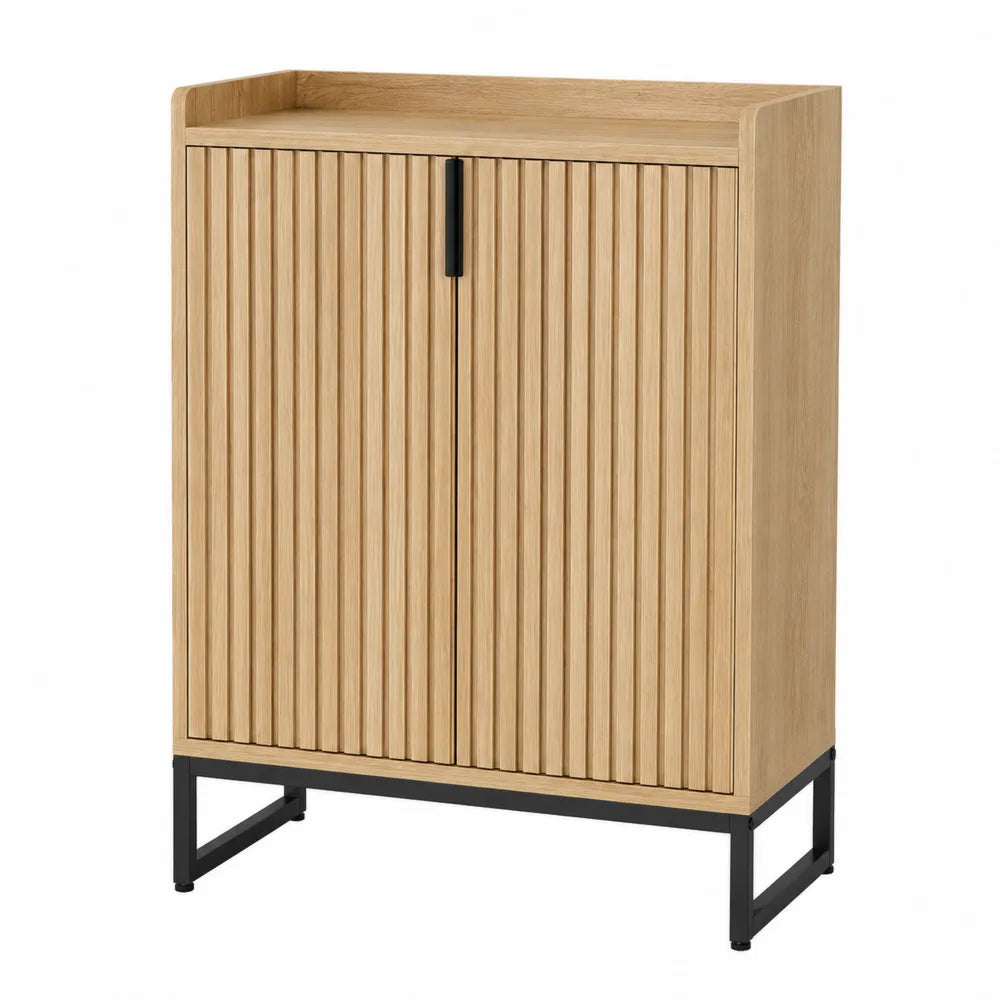 Mobile scarpiera rettangolare in MDF effetto rovere con ante a doghe e base in acciaio nero naturale e nero 90 x 35 x 120 cm