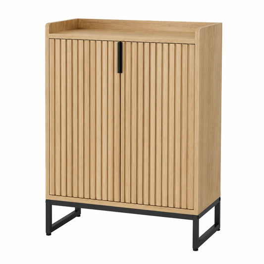 Mobile scarpiera rettangolare in MDF effetto rovere con ante a doghe e base in acciaio nero naturale e nero 90 x 35 x 120 cm