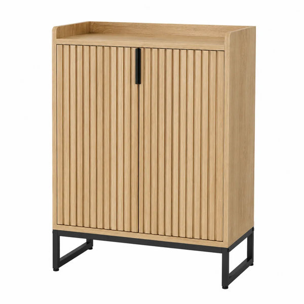 Mobile scarpiera rettangolare in MDF effetto rovere con ante a doghe e base in acciaio nero naturale e nero 90 x 35 x 120 cm