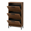 Scarpiera rettangolare a ribalta in MDF effetto noce con 3 scomparti e base in acciaio nero 60 x 24 x 120 cm