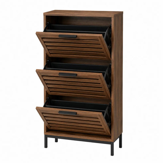 Scarpiera rettangolare a ribalta in MDF effetto noce con 3 scomparti e base in acciaio nero 60 x 24 x 120 cm