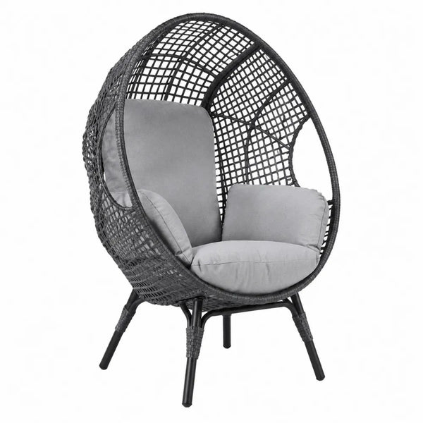 Poltrona da esterno a uovo in rattan PE nero con struttura in acciaio e cuscini grigi 100 x 90 x 150 cm