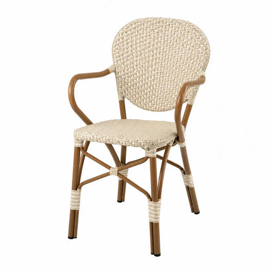 Sedia da esterno con braccioli in alluminio effetto bambù marrone chiaro con seduta e schienale in rattan PE beige 55 x 60 x 85 cm