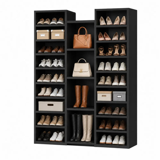 Scarpiera aperta rettangolare a 3 colonne in MDF nero con ripiani multipli 120 x 30 x 180 cm